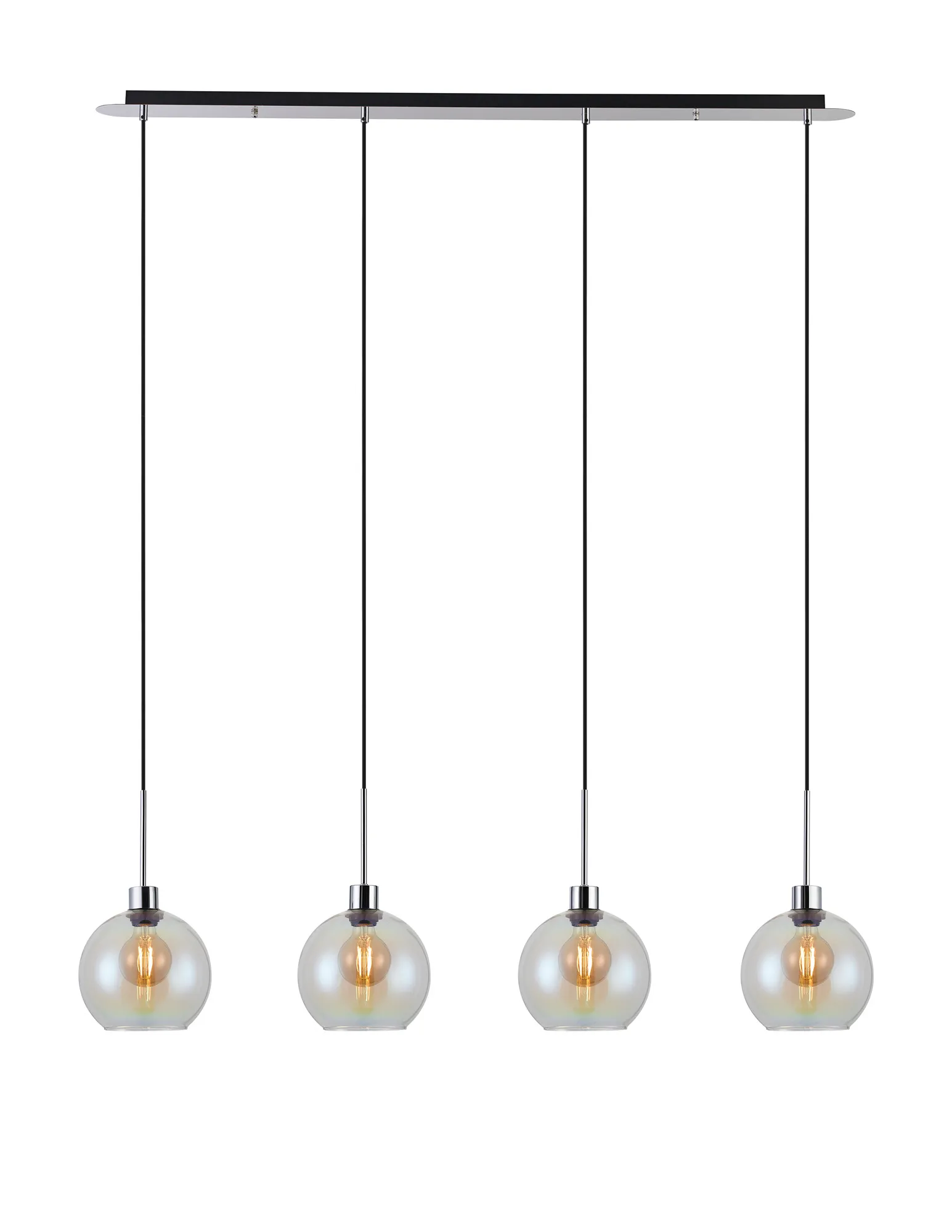 DK1321  Lori Linear Pendant, 4 Light Adjustable E27, Polished Chrome/Iridescent Open Mouth Round Globe Shades